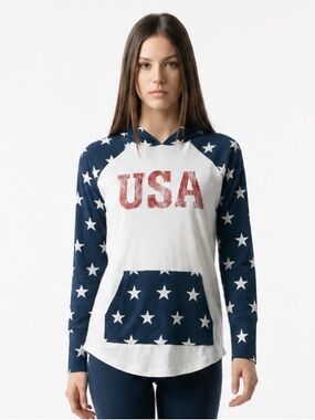 LuLaRoe lightweight USA Star Raglan Hoodie in Navy, White & Red- LuLaRoe Amber